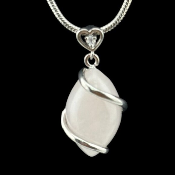 Silver Wrapped White Moonstone Necklace Silver CZ Heart Bail - Picture 1 of 10